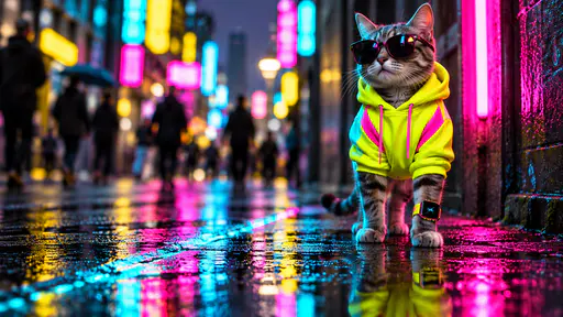 Digital artwork depicting 14 cat neon streetwear.
