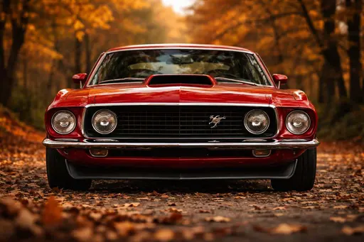 Cherry red 1969 Ford Mustang Boss 429 photographed as a low-angle automotive portrait with autumnal light and shallow depth for a poster-cover composition in 3:2 ratio.