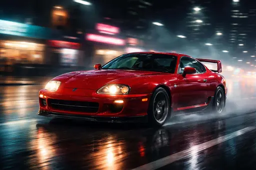 Cinematic 3:2 night editorial of a glossy red 1994 Toyota Supra MK4 panning past the camera on a rain-slick city street, neon streaks and misted reflections.