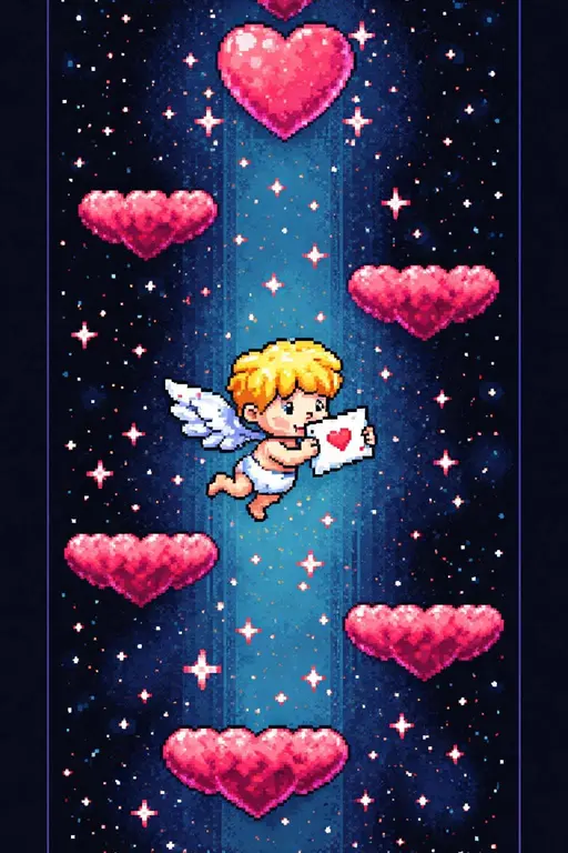 Vertical 2:3 retro pixel-art card of a tiny 8‑bit cupid ascending heart-shaped platforms toward a large shimmering heart at the top against a dark blue starfield.