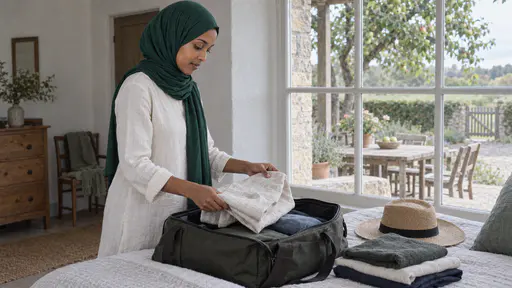 A woman in an emerald hijab and a cream tunic folds a linen shirt into an open travelling bag on a neatly made bed beside a sun hat at a bedroom window in soft morning light.