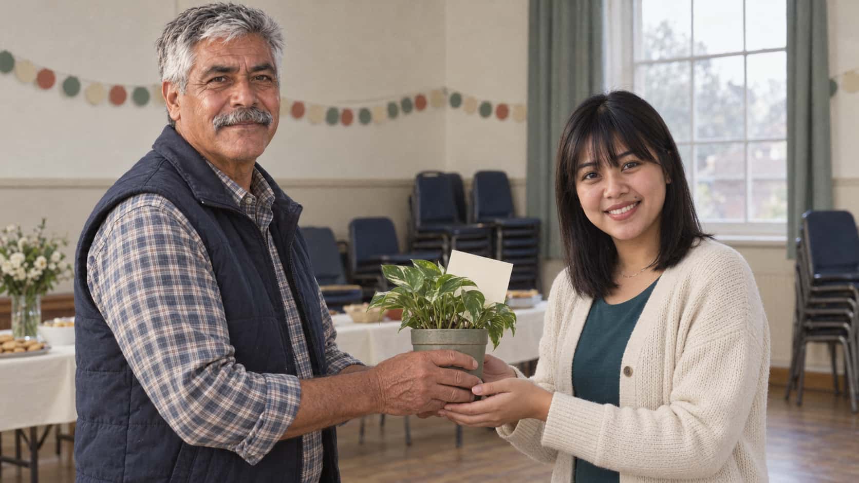 An older man in a navy gilet hands a young woman in a cream cardigan over a teal top a small potted plant with a blank cream card tucked into it as both smile with her hands cupped to receive it in warm hall light.