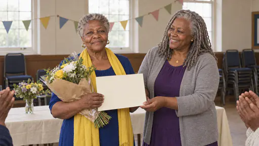 An older woman with grey curls in a deep blue dress and yellow scarf receives a blank certificate and a small bunch of flowers from a woman with silver locs in a purple dress mid-applause in gentle frontal light.
