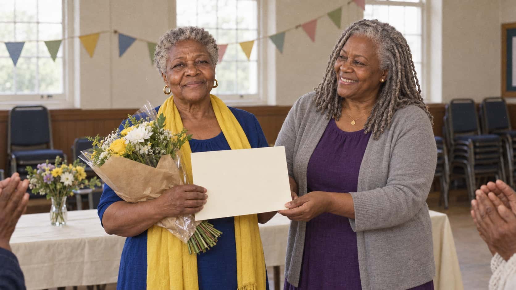 An older woman with grey curls in a deep blue dress and yellow scarf receives a blank certificate and a small bunch of flowers from a woman with silver locs in a purple dress mid-applause in gentle frontal light.