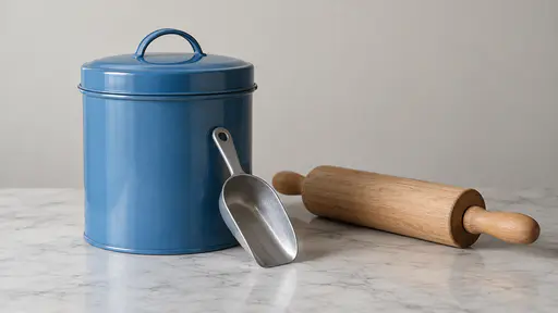 A blue lidded tin flour container stands on a plain kitchen counter with a small metal scoop resting against it, a rolling pin beside.
