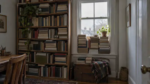 A tall full bookcase stands against a small sash window with books stacked up and across the lower half of the glass, a single beam entering through the upper panes onto a potted plant on the sill and a narrow gap of floor beside it in flat window light.