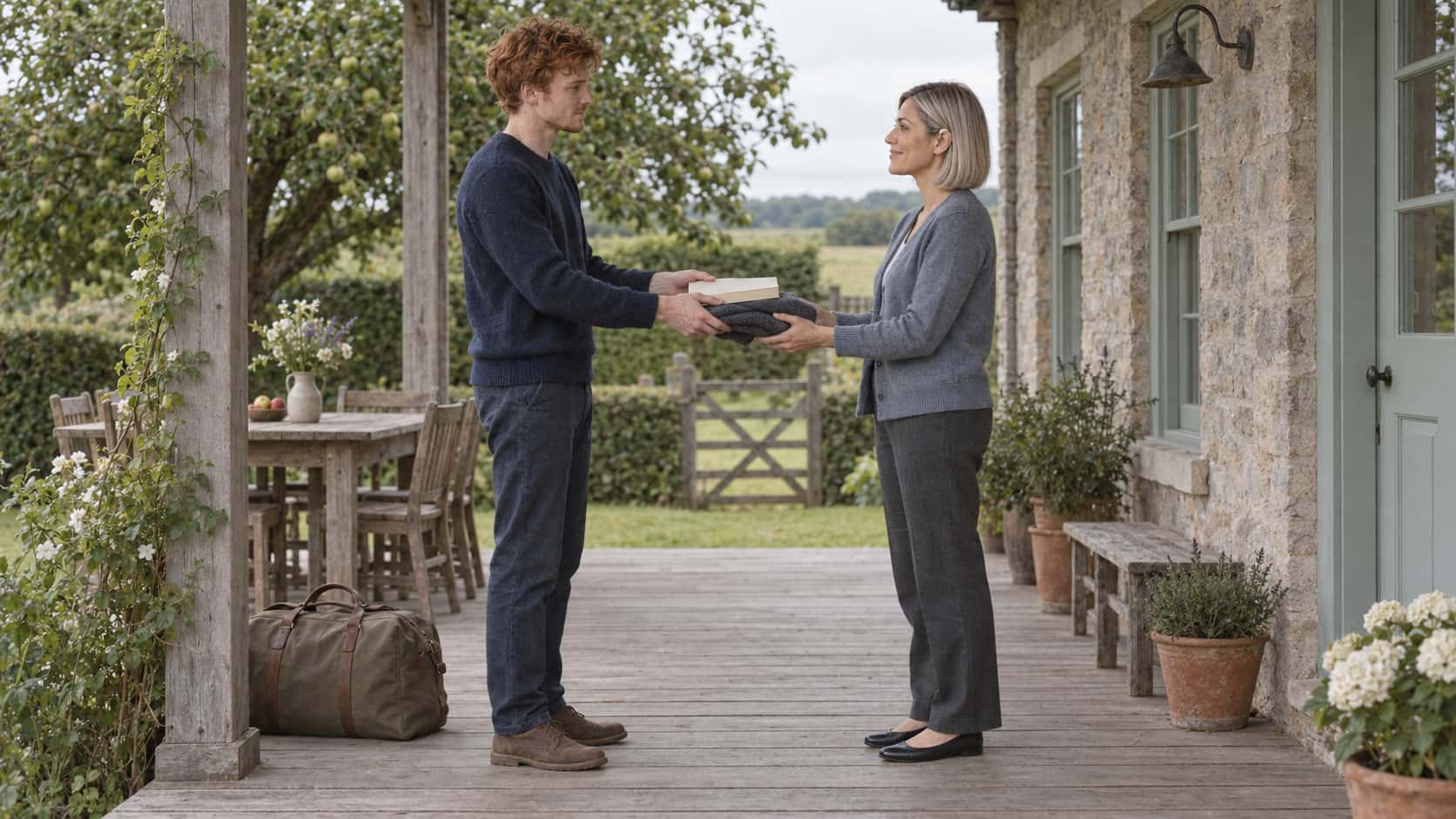 A young man with copper-red hair in a navy jumper hands a paperback and a folded cardigan back to a woman with a silver bob in a grey-blue cardigan on a porch with a travel bag behind them in diffuse light.