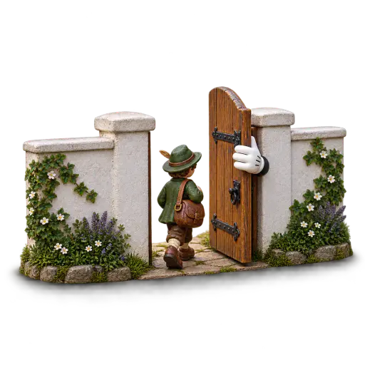 A low whitewashed garden wall stands solid and unbroken on both sides of one open wooden gate held by a white cartoon glove while a small traveler figurine steps through — a boundary is a gate, not a wall: protection that still allows deliberate connection.