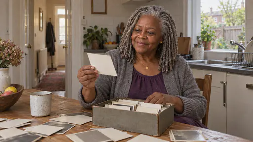 An older woman with silver locs in a purple dress and grey cardigan sits at a pine kitchen table with an opened shoebox of old photographs and holds one print up between her fingers with a soft smile in warm afternoon light.