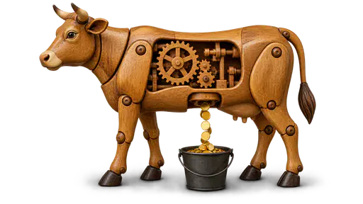 A cash cow: a calm cow-shaped wooden automaton dispensing blank gold coins into a collection pail, an established source repeatedly producing income.
