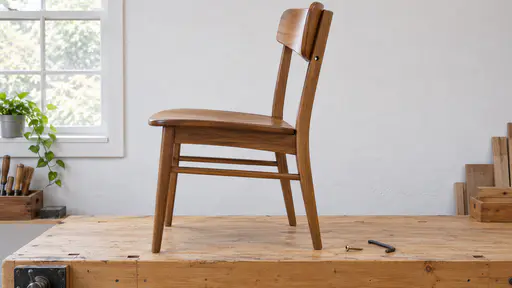 A wooden dining chair stands on a pine workbench with an empty screw hole at one back-rest joint and a slightly tilted back rest while a single brass screw and a small hex key lie beside it in bright even light.