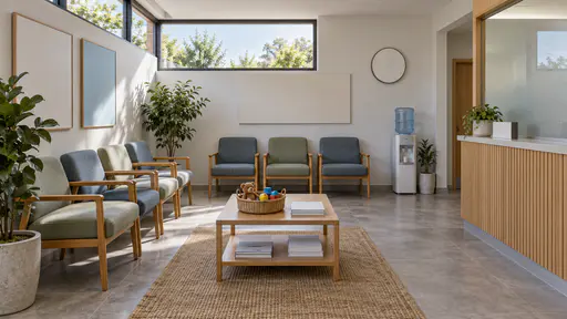 A clinic waiting room has a row of upholstered chairs along a pale wall under a long window, a low table with a toy basket and blank magazines, a closed reception hatch and a water dispenser in soft diffuse daylight.