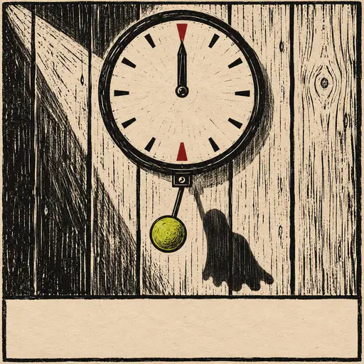 Linocut Halloween poster of a round clock with two red midnight notches and both hands at twelve; its pendulum casts a small ghost-shaped shadow above an empty title band.