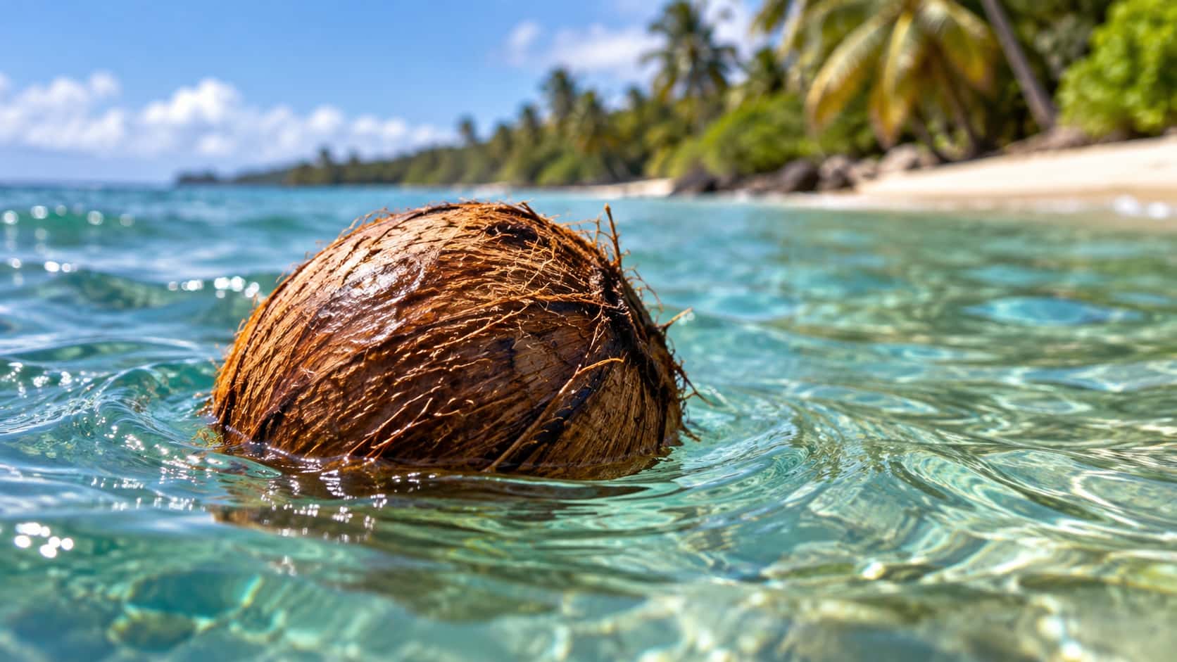 A single brown husked coconut floats low in clear turquoise shallow water just offshore drifting along a gentle current toward a pale sand shoreline with small ripples around it and its fibrous husk wet and glistening in bright noon light.
