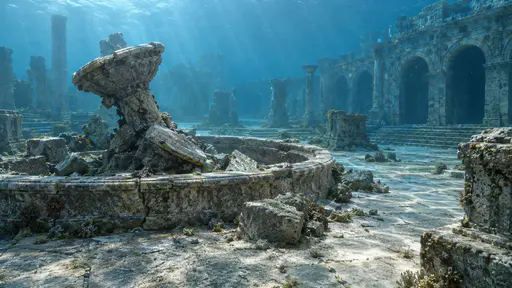 An open drowned plaza holds a collapsed stone fountain broken across its own basin with light shafts falling across the paving in clear blue water.