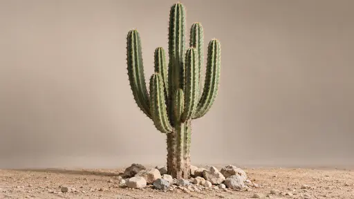 A tall columnar cactus branches upward from one thick trunk over scattered pale stones on bare dry ground in bright midday light.