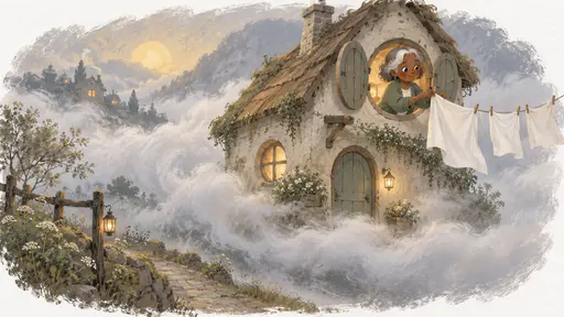 A bank of travelling fog rolls down a quiet lane carrying a small cottage with lit round windows glowing gold through the mist and a washing line of plain white cloths from its eaves while a petite older woman with short silver-grey hair and a green cardigan leans from an upstairs window hanging a cloth.