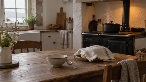 A heavy cast-iron pot with its lid on stands on the stove with a thin curl of steam rising beside a plate of bread under a clean tea towel and a single bowl and spoon set ready in warm evening light.