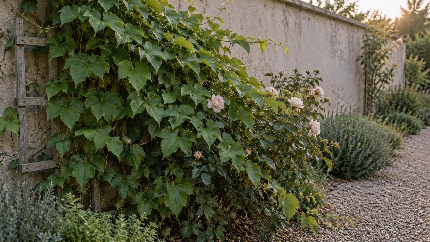 A vigorous creeper with large green leaves has climbed a trellis and spread over a small rose bush beside it with the rose reduced to a few pale blooms straining through the leaves beside a garden wall and gravel path in warm low sun.