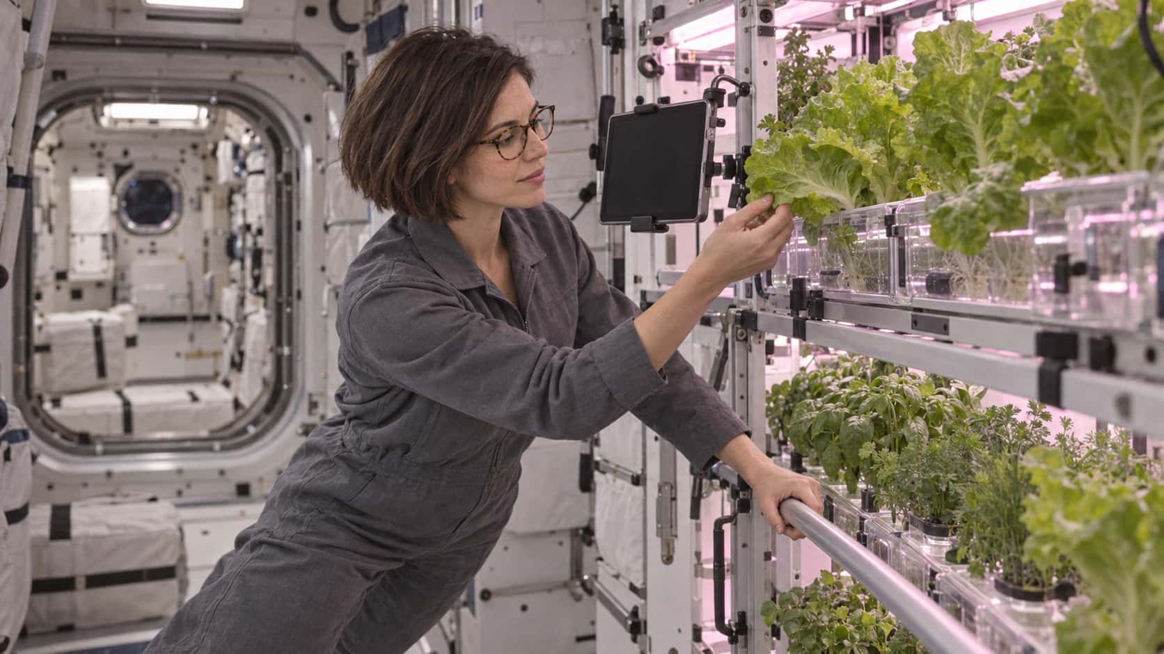 A slim woman with a sleek dark bob and round tortoiseshell glasses in a plain slate-grey crew jumpsuit floats beside a wall of leafy lettuce and herbs growing in clear water channels under pink-white grow lights gently checking one leaf between two fingers.