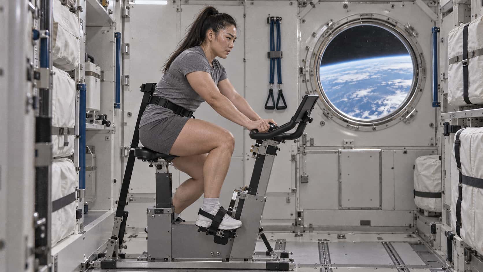 A powerfully built woman with a thick black high ponytail in a plain grey training top and shorts is strapped into a stationary exercise bike mounted on the floor of a habitat exercise module gripping the handlebars with a set face as a round window shows the blue curve of a planet behind her.