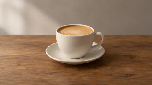 One plain latte cup rests centred on a matching plain saucer on a plain wooden table in soft window light.