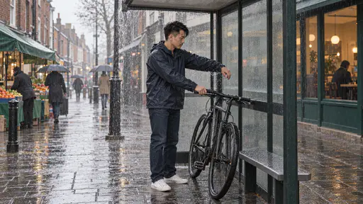 A wiry man in a navy cagoule stands holding a bicycle in a glass bus shelter and shakes water from one hand while rain streams off the shelter roof in a curtain behind him on a wet brick high street.
