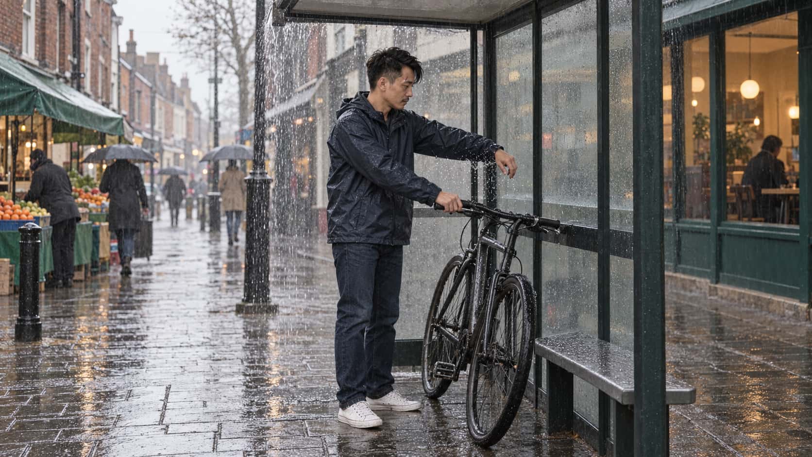 A wiry man in a navy cagoule stands holding a bicycle in a glass bus shelter and shakes water from one hand while rain streams off the shelter roof in a curtain behind him on a wet brick high street.