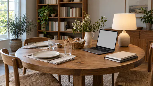 A modest home dining room in soft daylight shows a round oak table laid for supper at one end with two plates, glasses and a bread basket and at the other end an open laptop with a blank screen, a stack of notebooks and a lamp with a bookshelf behind.