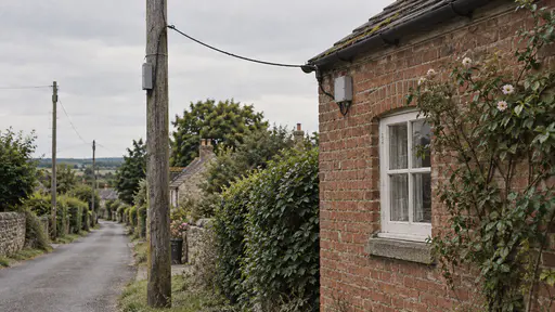 A single drop cable runs from a wooden utility pole across a short gap to a small grey junction box fixed beneath the gutter at the eave of a small brick house in warm afternoon light.