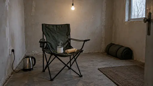 A steaming enamel mug and a packet of plain biscuits sit on a folded camp chair beside a kettle on the floor and a rolled sleeping bag in a bare room lit by a single hanging bulb.