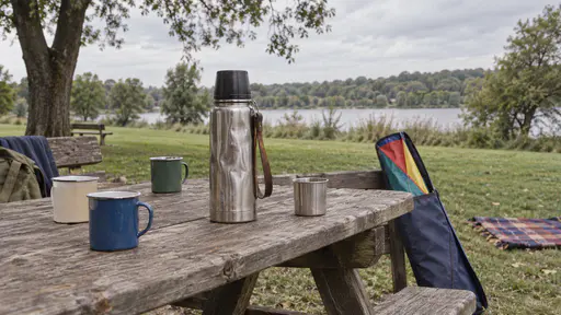 A dented steel flask stands on a picnic table beside several mismatched cups scattered along the plank with a kite bag leaning against the bench and a folded rug on the grass in bright midday light.