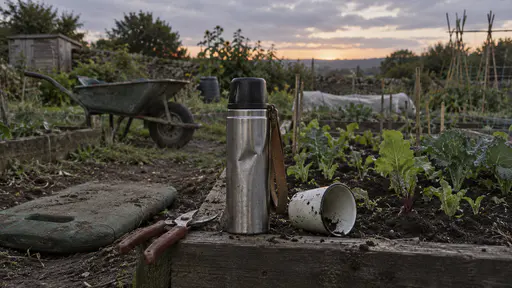 A dented steel flask stands wedged upright at the edge of a vegetable bed beside a pair of secateurs, a worn kneeling pad and an earth-flecked cup with rows of young plants and a wheelbarrow behind in low evening light.