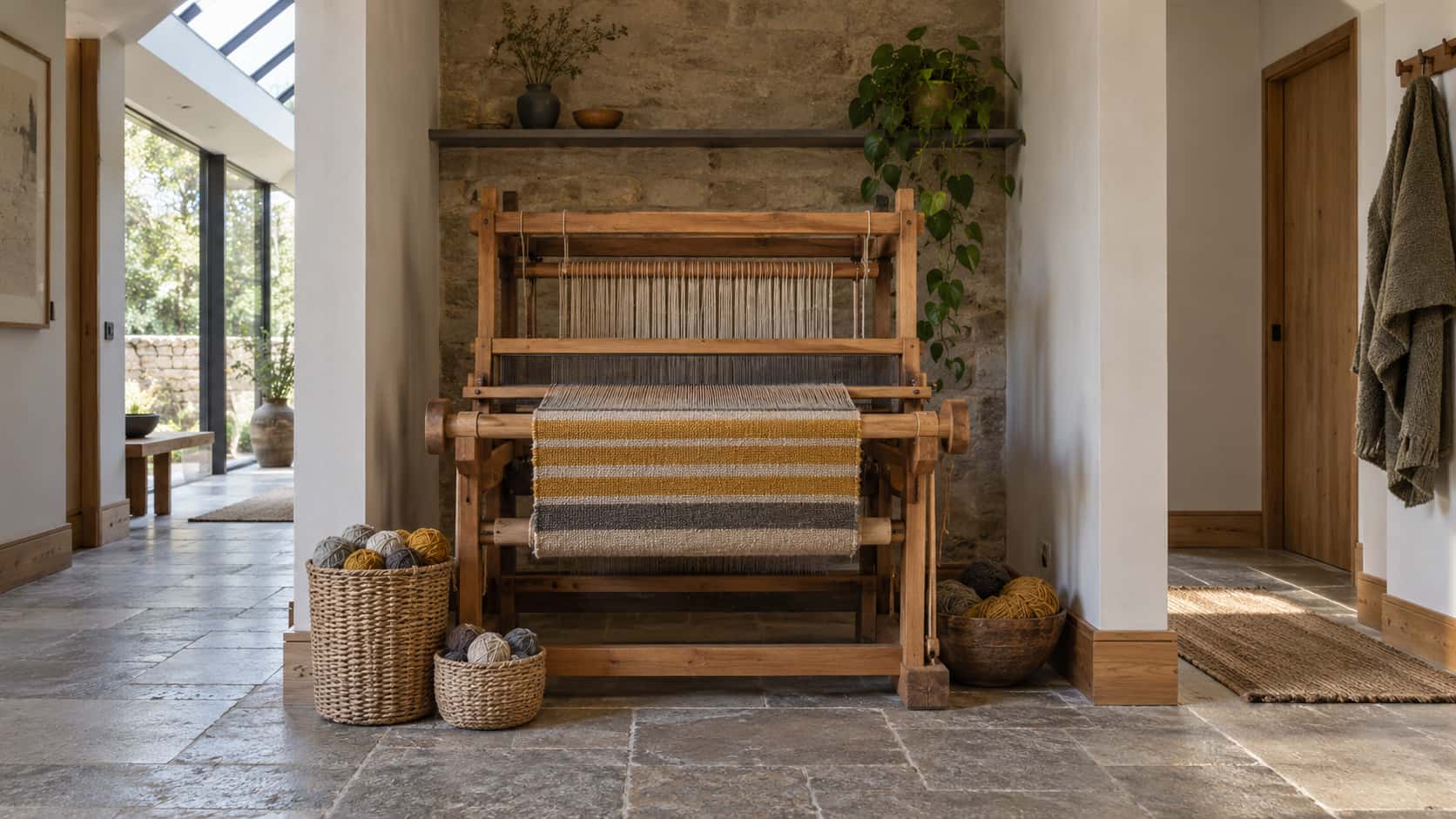 A floor loom with half-woven stripes of ochre and grey cloth stands in a shallow alcove off a hallway with baskets of yarn beside it and a coat hook at the edge of the frame in soft even light.