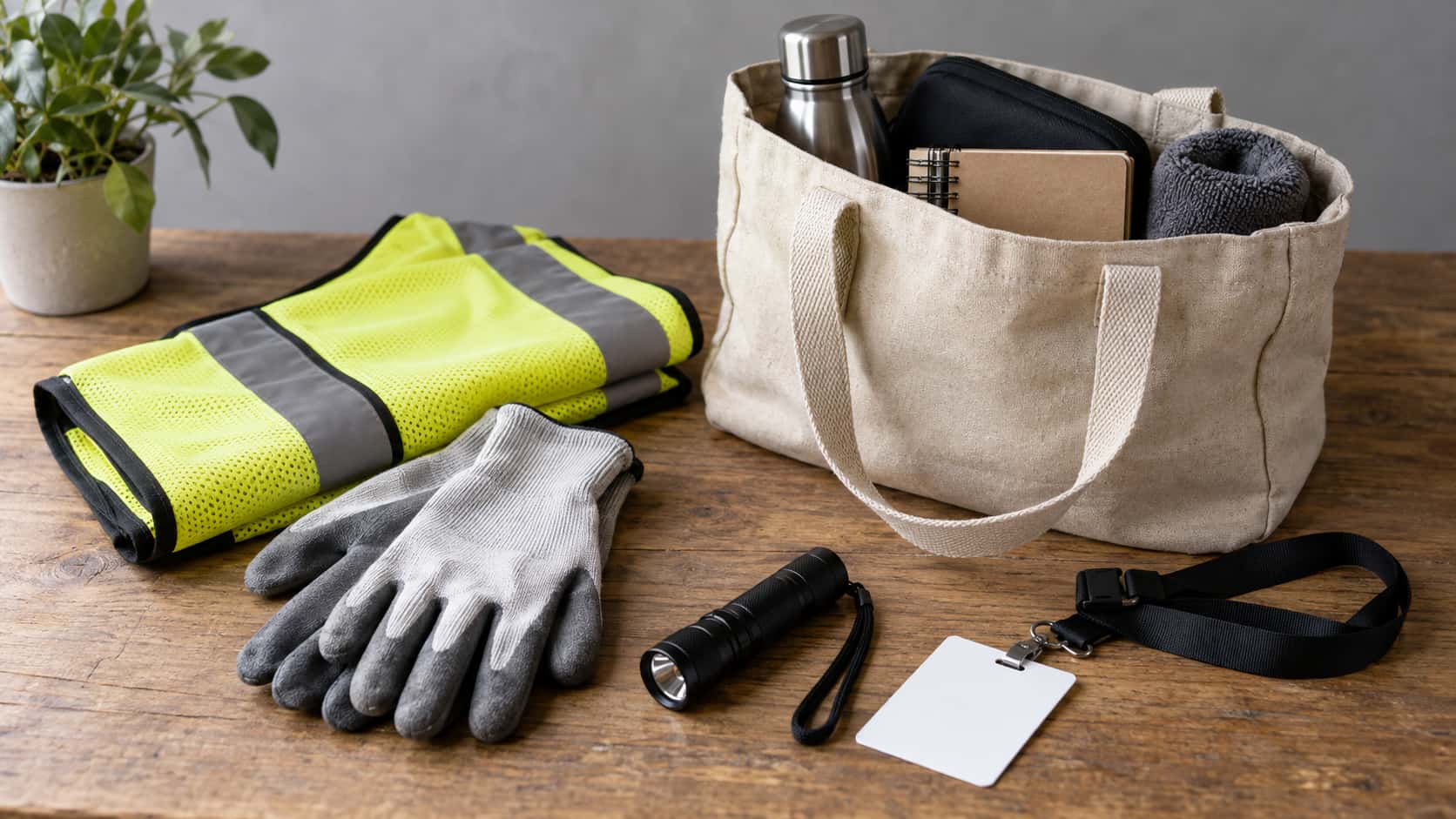 On a kitchen table in bright overcast light a folded high-visibility volunteer vest lies beside a pair of work gloves, a small torch and a blank plain lanyard with a blank card with a small canvas bag standing open next to them.