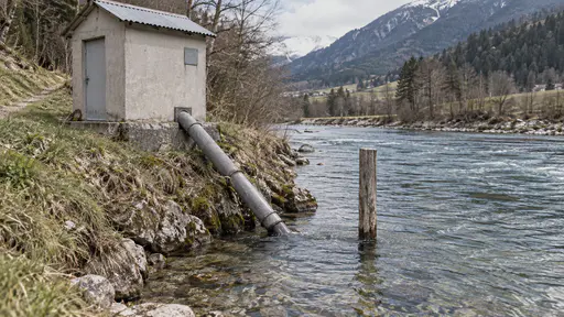 A small concrete gauge hut with a corrugated roof stands on a clear river bank with a grey intake pipe running down the bank into the water beside a short wooden stilling staff in raking afternoon light.