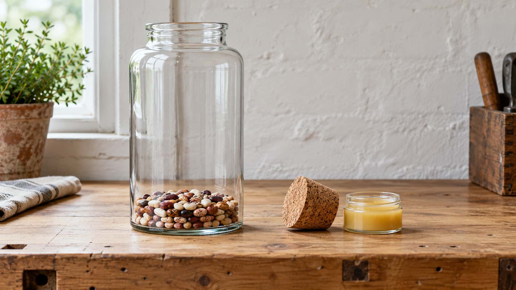 A tall clear glass storage jar with dried beans stands open with an empty neck on a pine workbench while its cork stopper lies on its side beside it with a pot of beeswax in soft diffuse light.