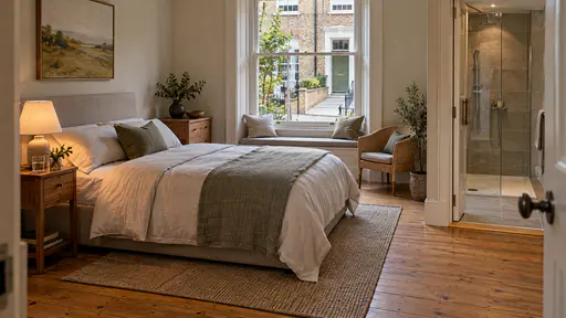 A calm ground-floor bedroom has a low bed with a firm headboard, a clear space beside it, a sturdy bedside table with a lamp and a glass of water, a cushioned window seat and a level-entry shower glimpsed through an en-suite doorway.
