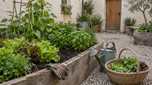 A woven harvest basket half filled with fresh leaves and pods, a green watering can and a pair of garden gloves rest beside a raised bed of lettuces, beans and herbs in a plaster courtyard in bright morning light.