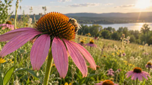 A single honeybee clings to the orange-brown cone of a large pink coneflower with folded wings and a little yellow pollen on its legs among drooping rose-pink petals in bright morning light.