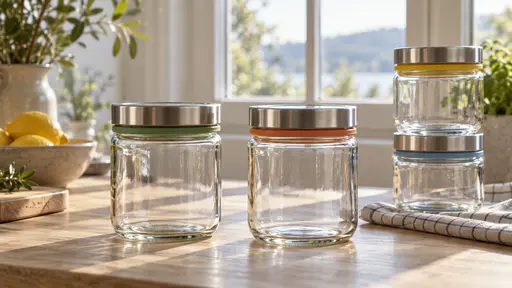 A single clear glass jar with a plain steel lid and a coloured silicone ring stands on a pale wooden table in front of a window with strong backlight passing through the unchipped glass, a second jar and a small stack of checked jars beside it.