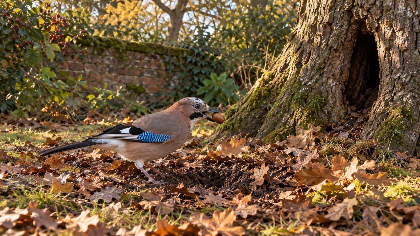 A jay with a blue wing patch stands in brown oak leaf litter lifting a single acorn in its bill from a small scrape it has dug beneath an old oak with leaves flicked to the sides in dappled autumn light.