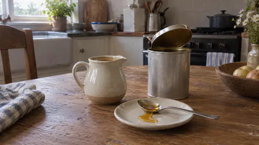 A small ceramic jug of golden syrup stands beside a plain unlabelled tin with its lid prised open on a kitchen table with a spoon on a saucer holding a slow ribbon of syrup in warm morning light.
