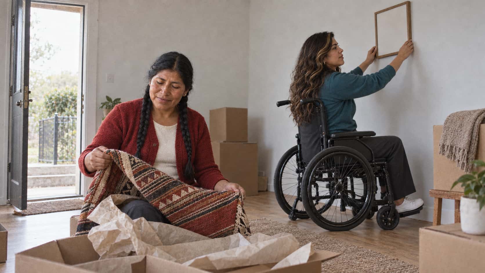A sturdy woman in her mid forties with two long black braids sits unfolding a woven patterned textile across her lap while a wheelchair-using woman in her early thirties reaches up with both hands to straighten a small blank framed picture on the bare wall in soft afternoon light.
