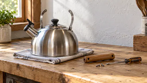 A steel stovetop kettle stands on a folded towel on a pine workbench with an empty handle bracket while its wooden handle grip lies beside it with two small screws and a small screwdriver in warm side light.