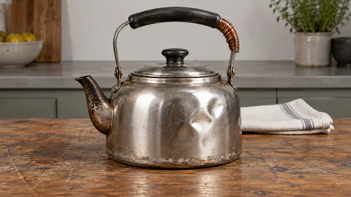 A dented stainless-steel kettle with a handle repaired by a wrapped length of copper wire and a worn black grip stands on a scratched wooden worktable with a folded tea towel behind it in soft side light.