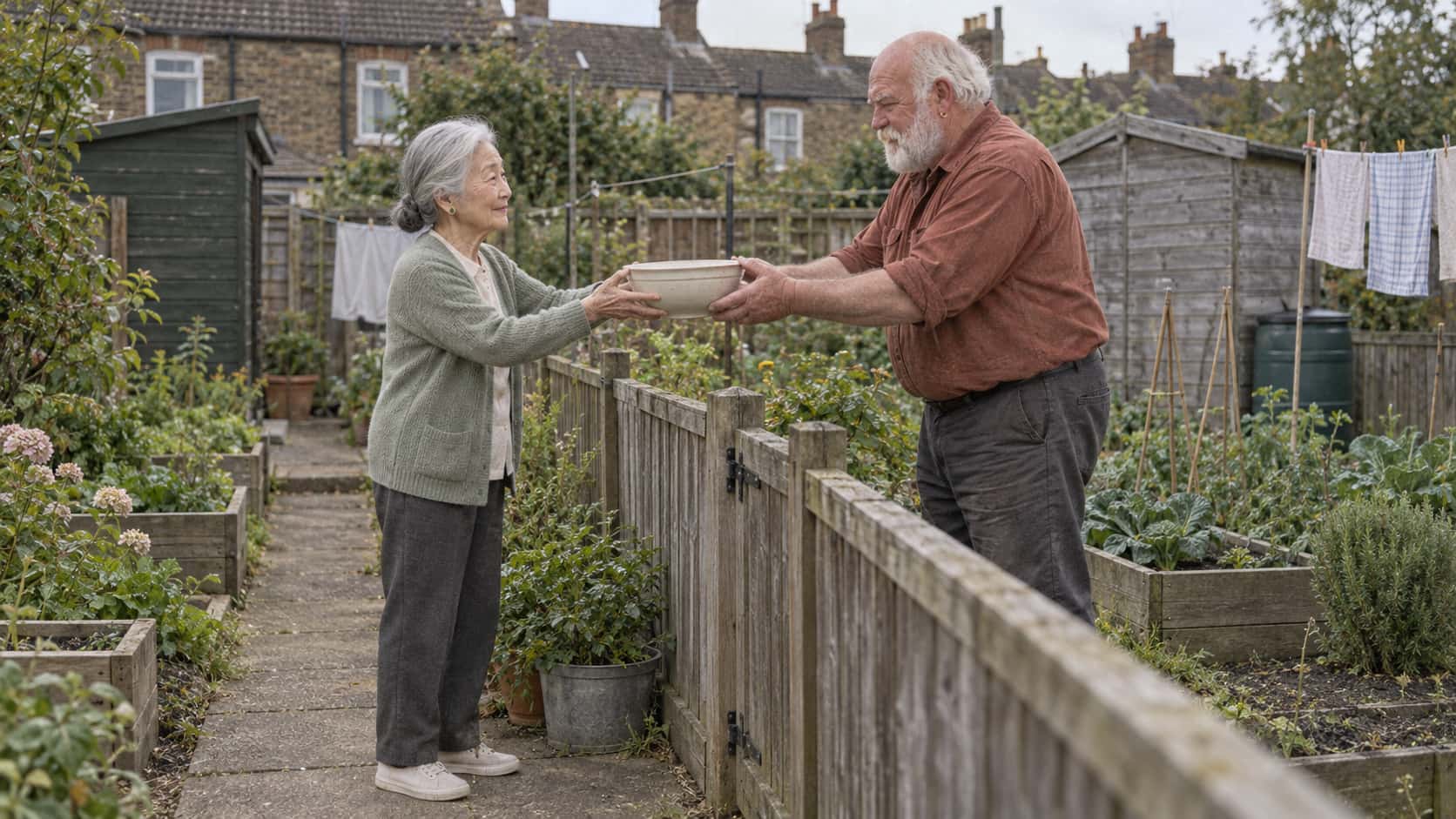 A very small woman in her early eighties with silver-white hair in a low bun in a sage cardigan holds out a large plain ceramic mixing bowl with both hands over a low wooden fence while a broad man in his late sixties with a thick white beard in a rust-coloured work shirt reaches over with both hands to take it, raised beds behind them in bright morning light.