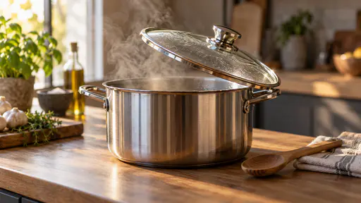 On a kitchen bench in warm side light a round steel pot with two side handles steams gently with its matching glass lid poised just above it tilted on one edge and a wooden spoon resting beside them seen from a slight low angle.