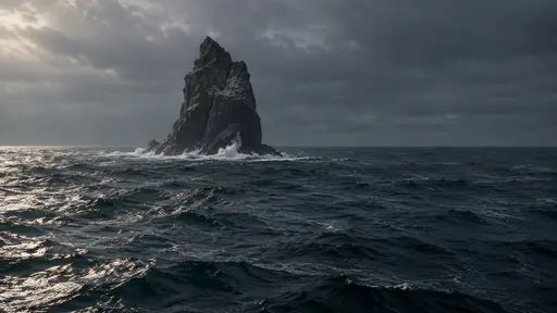 One distant dark sea stack stands alone in low dark light with white water breaking steadily around its base, open sea to every horizon.