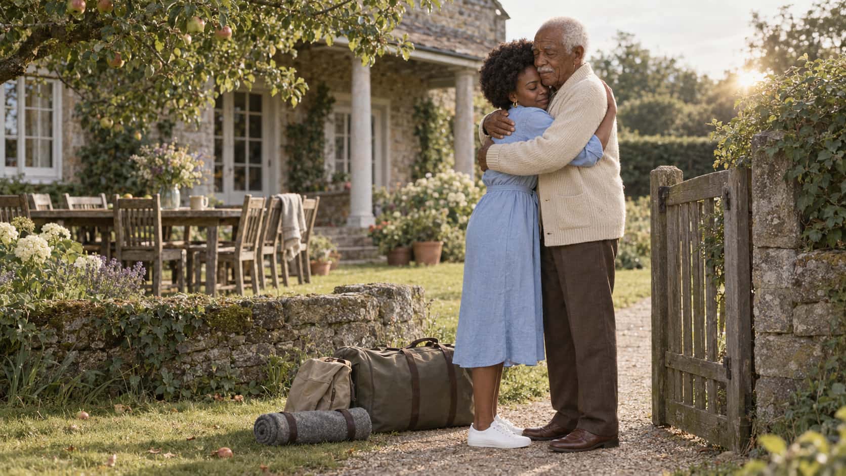 A young woman with a short afro in a light blue shirt dress and a tall elder with white hair in a cream cardigan embrace in profile at a garden gate with bags and a rolled blanket waiting on the path in low sun flare.